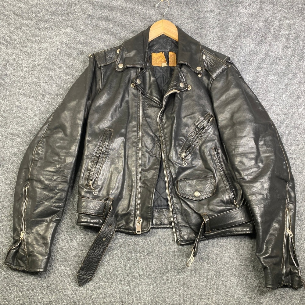 Vintage Excelled Black Leather Motorcycle Biker Jacket Mens 36 Asymmetric Zip